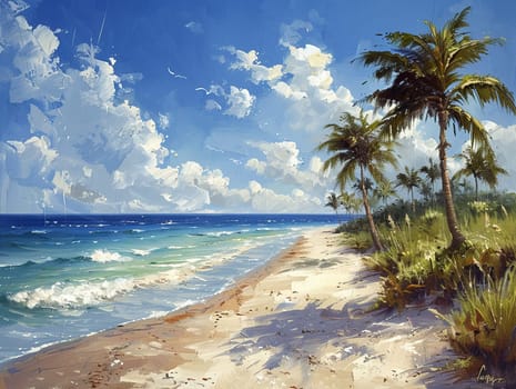 Drawing of a serene beach scene, illustrated in acrylics for a royalty-free painting.