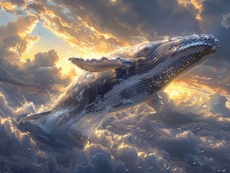 Whale soaring through a cloud-filled sky, reimagining nature in a fantastical illustration.