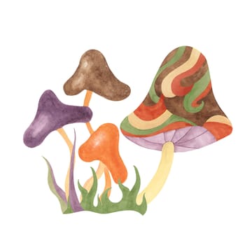 Retro hippie mushroom and grass in 70s style. Hippie psychedelic groovy fungus clipart. Watercolor indie illustration for flower power sticker, nostalgic design, printing, quote, t-shirt cartoon style