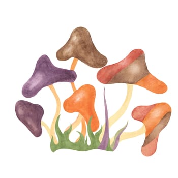 Retro hippie mushroom and grass in 70s style. Hippie psychedelic groovy fungus clipart. Watercolor indie illustration for flower power sticker, nostalgic design, printing, quote, t-shirt cartoon style