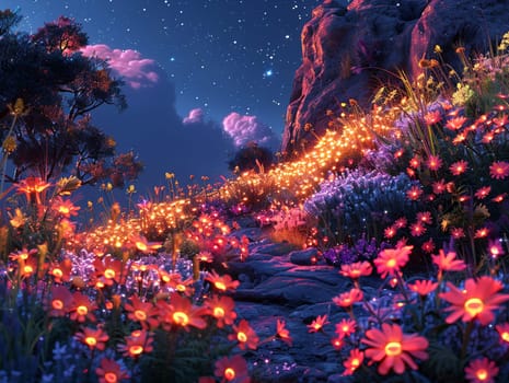 Flower garden at night, illuminated by bioluminescent plants in a magical illustration.