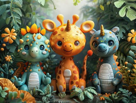 Animal parade in a fantastical setting, cartoon illustration designed with vibrant colors and joyful expressions.