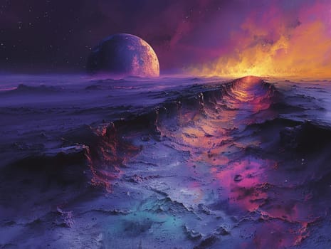 Textured surface of an alien planet, illustrated with rich colors and 3D style effects.