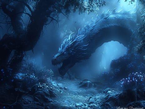 Dragon's lair hidden in a mystical forest, beautifully rendered in digital art with atmospheric lighting.