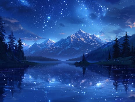 Starlit night over a tranquil lake, surface illustration capturing peace and natural beauty.