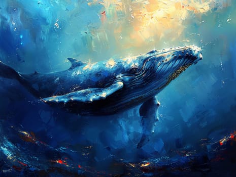 Whale diving into the depths, beautiful royalty-free painting capturing the majestic and serene underwater world.