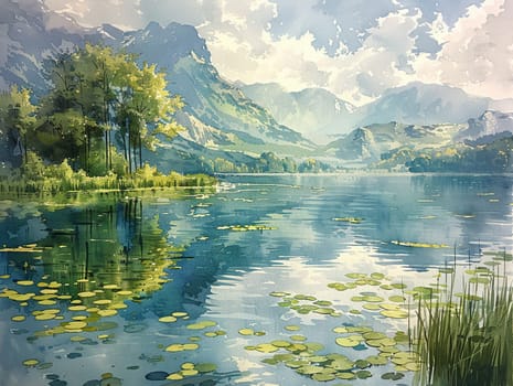 Drawing of a serene lakeside view, beautifully rendered in acrylics with reflections in the water.