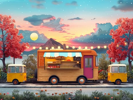 Food truck festival in cartoon style, designed with cute stock illustrations of diverse culinary offerings.