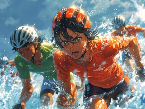Sporting event featuring anime athletes, with dynamic motion and energy in the illustration.