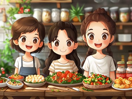 Food festival in cartoon style, designed with cute stock illustrations of delicious dishes and happy visitors.