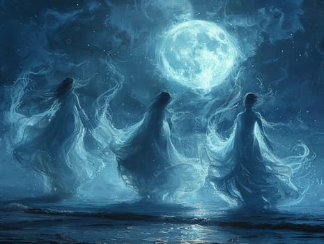 Water sprites dancing in a moonlit pool, digital art with ethereal figures and shimmering effects.