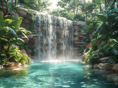 Waterfall oasis digitally created in Photoshop, featuring serene water flows surrounded by lush vegetation.