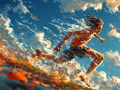 Sporting event featuring anime athletes, with dynamic motion and energy in the illustration.