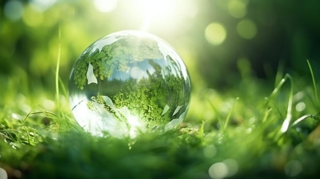 A translucent crystal globe rests on a bed of vibrant green grass, reflecting the world within it, as the morning sunlight softly illuminates the scene