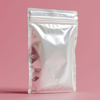 A rectangleshaped drinkware item made of white aluminum with a zipper, set against a magenta background. The sleek design contrasts beautifully with the pink backdrop