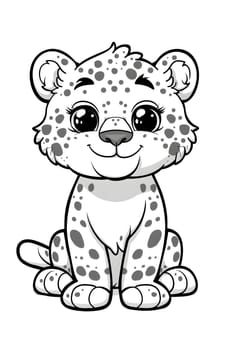 A monochrome cartoon drawing of a baby leopard sitting with its nose, head, and eye detailed. This vertebrate is a toy resembling a felidae mammal, with a jaw and a cute appearance