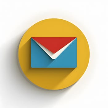 A yellow circle featuring a triangle symbol in electric blue and carmine, along with a red envelope, creating a unique art piece. The design can be used as a logo, sign, or graphic element