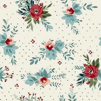 Seamless pattern, tileable Christmas holiday floral country dots print, English countryside flowers for wallpaper, wrapping paper, scrapbook, fabric and product design motif