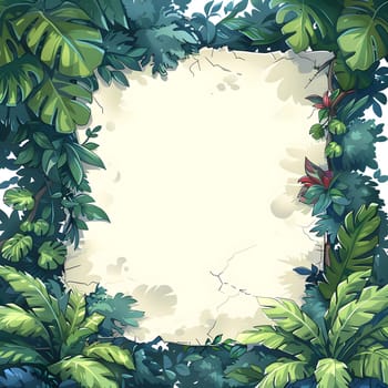 A whimsical cartoon illustration of a rectangleshaped paper surrounded by lush tropical vegetation, featuring trees, branches, petals, and vibrant tints and shades