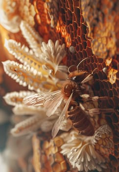 Macro photography of a bee on a honeycomb among blooming flowers, showcasing the intricate relationship between terrestrial plants, flowering plants, and terrestrial animals through pollen transfer