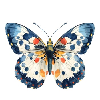 A colorful butterfly with blue, white and orange wings on a white background, a beautiful pollinator insect in the creative arts, showcasing symmetry in its wing painting