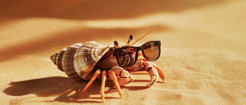 A crab wearing sunglasses is sitting on a sandy beach. The image has a playful and lighthearted mood, as the crab is dressed up in sunglasses and he is enjoying the sun