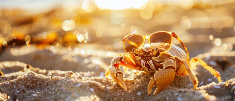 A crab is wearing sunglasses and standing on the beach. The scene is bright and sunny, with the sun shining on the crab and the sand. The crab appears to be enjoying the warmth of the sun