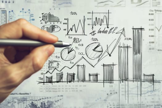 A hand is drawing a graph on a whiteboard with a pen. The graph is filled with various shapes and lines, and the hand is drawing a line that is curved and upward. Concept of growth and progress