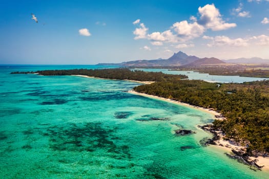 Ile aux Cerfs island with idyllic beach scene, aquamarine sea and soft sand, Ile aux Cerfs, Mauritius, Indian Ocean, Africa. Ile aux Cerf in Mauritius, beautiful water and breathtaking landscape.