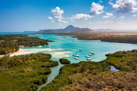 Ile aux Cerfs island with idyllic beach scene, aquamarine sea and soft sand, Ile aux Cerfs, Mauritius, Indian Ocean, Africa. Ile aux Cerf in Mauritius, beautiful water and breathtaking landscape.