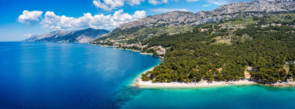 Beautiful aerial view of Punta Rata beach in Brela, Makarska Riviera, Croatia. Aerial view of Punta Rata beach and waterfront on Makarska riviera, Brela, Dalmatia region of Croatia.