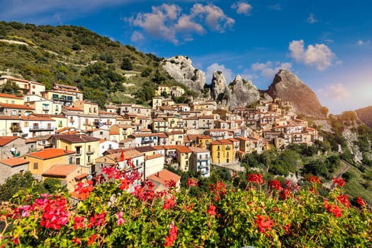 The picturesque village of Castelmezzano, province of Potenza, Basilicata, Italy. Cityscape aerial view of medieval city of Castelmazzano, Italy. Castelmezzano village in Apennines Dolomiti Lucane.