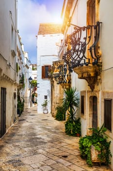 Scenic sight in Locorotondo, Bari Province, Apulia (Puglia), Italy. Characteristic streets in the Locorotondo in Puglia, Italy. Locorotondo is a town of the Metropolitan City of Bari, Apulia, Italy.