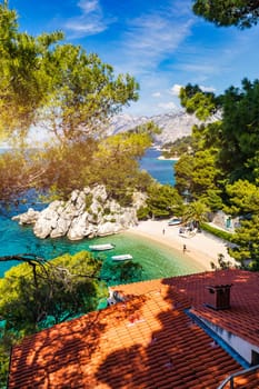 Amazing aerial view of the beautiful Podrace beach in Brela, Makarska Riviera, Croatia. Aerial view of Podrace beach and waterfront on Makarska riviera, Brela, Dalmatia region of Croatia.