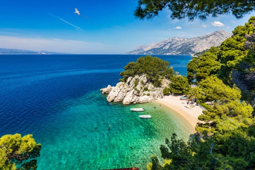 Amazing aerial view of the beautiful Podrace beach in Brela, Makarska Riviera, Croatia. Aerial view of Podrace beach and waterfront on Makarska riviera, Brela, Dalmatia region of Croatia.