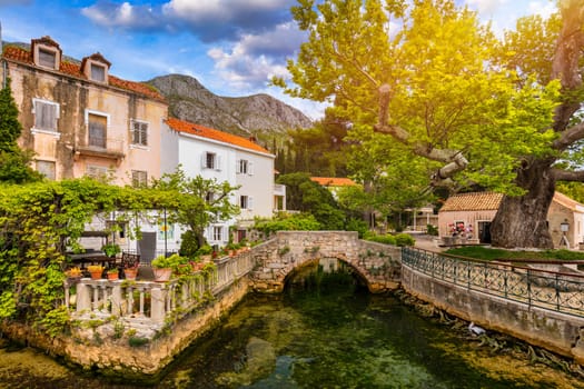 Idyllic village of Mlini in Dubrovnik archipelago view, south Dalmatia region of Croatia. Adriatic village of Mlini waterfront aerial view, Dubrovnik coastline of Croatia.