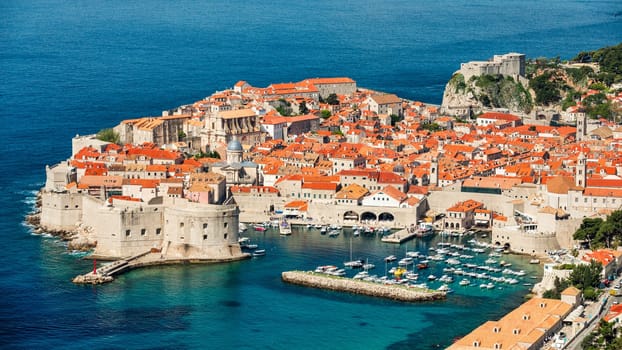 The aerial view of Dubrovnik, a city in southern Croatia fronting the Adriatic Sea, Europe. Old city center of famous town Dubrovnik, Croatia. Dubrovnik historic city of Croatia in Dalmatia. 