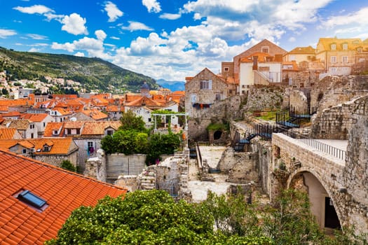 Dubrovnik a city in southern Croatia fronting the Adriatic Sea, Europe. Old city center of famous town Dubrovnik, Croatia. Picturesque view on Dubrovnik old town (medieval Ragusa) and Dalmatian Coast.