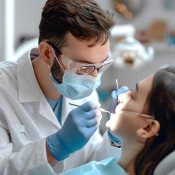 A dentist is inspecting a womans oral health in a dental office, using medical equipment to examine her mouth, jaw, neck, and ears for any issues. Vision care is essential in dental procedures