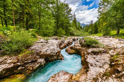 Amazing Soca river gorge in Slovenian Alps. Great Soca Gorge (Velika korita Soce), Triglav National park, Slovenia. Great canyon of Soca river, Bovec, Slovenia. Soca Gorge in Triglav National Park.