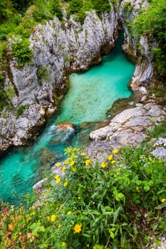 Amazing Soca river gorge in Slovenian Alps. Great Soca Gorge (Velika korita Soce), Triglav National park, Slovenia. Great canyon of Soca river, Bovec, Slovenia. Soca Gorge in Triglav National Park.