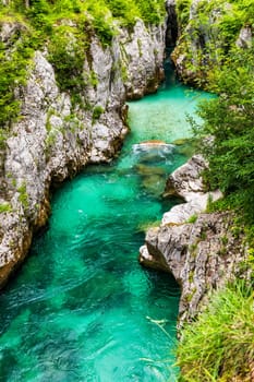 Amazing Soca river gorge in Slovenian Alps. Great Soca Gorge (Velika korita Soce), Triglav National park, Slovenia. Great canyon of Soca river, Bovec, Slovenia. Soca Gorge in Triglav National Park.