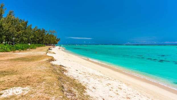 A beach with palm trees and umbrellas on Le morne Brabant beach in Mauriutius. Tropical crystal ocean with Le Morne beach and luxury beach in Mauritius. Le Morne beach with palm trees, white sand and luxury resorts, Mauritius.