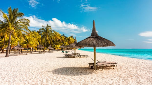 A beach with palm trees and umbrellas on Le morne Brabant beach in Mauriutius. Tropical crystal ocean with Le Morne beach and luxury beach in Mauritius. Le Morne beach with palm trees, white sand and luxury resorts, Mauritius.