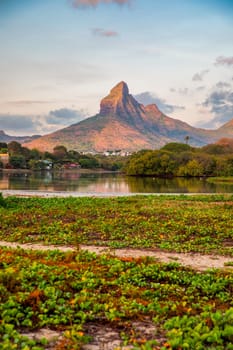 Rempart mountain view from Tamarin bay, Black river, scenic nature of Mauritius island. Beautiful nature and landscapes of Mauritius island. Rempart mountains view from Tamarin bay, Mauritius.