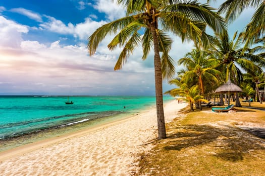 Tropical beach scenery, vacation in paradise island Mauritius. Dream exotic island, tropical paradise. Best beaches of Mauritius island, luxury resorts of Mauritius, Indian Ocean, Africa.