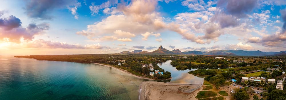 Rempart mountain view from Tamarin bay, Black river, scenic nature of Mauritius island. Beautiful nature and landscapes of Mauritius island. Rempart mountains view from Tamarin bay, Mauritius.