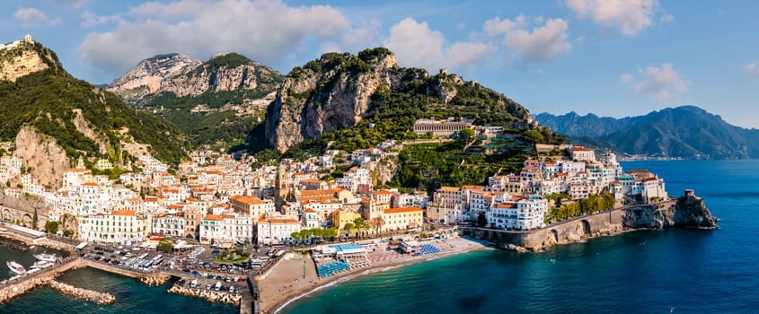 View of beautiful Amalfi town, Campania, Italy. Amalfi coast is most popular travel and holiday destination in Europe. Amalfi cityscape on coast line of mediterranean sea, Amalfi coast, Italy.