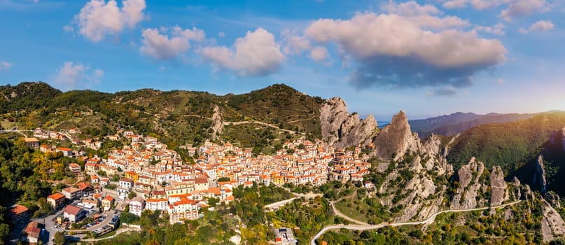 The picturesque village of Castelmezzano, province of Potenza, Basilicata, Italy. Cityscape aerial view of medieval city of Castelmazzano, Italy. Castelmezzano village in Apennines Dolomiti Lucane.