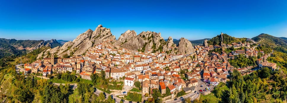 Cityscape aerial view of medieval city of Pietrapertosa, Italy. View of Pietrapertosa town in the Lucanian Dolomites in Italy. Pietrapertosa village in Apennines Dolomiti Lucane. Basilicata, Italy.